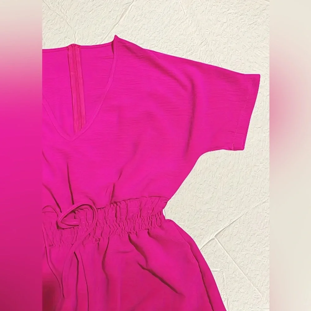 Short Sleeve V Neck Shirred Waist Romper - Picture 3 of 6